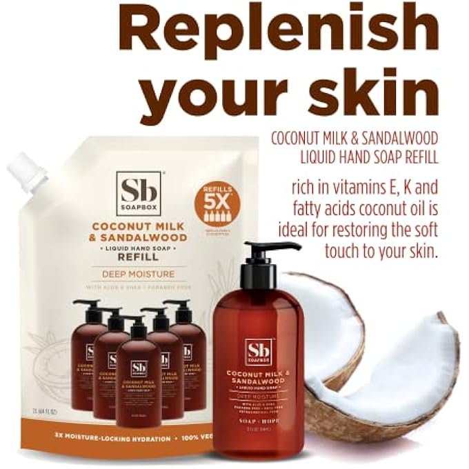 Soapbox LIQUID HAND SOAP REFILL, COCONUT MILK & SANDALWOOD | VEGAN, PARABEN FREE, MOISTURIZING, NATURAL HAND WASH REFILL FOR KITCHEN AND BATHROOM, 64OZ HALF GALLON REFILL (PACK OF 1) - Image 3